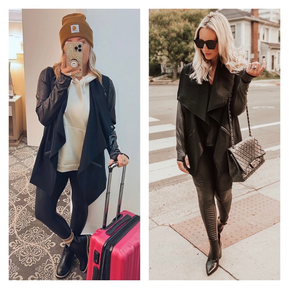 SPANX Black Draped Faux Leather Sleeve Jacket